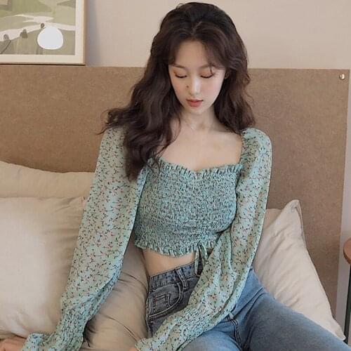 Square Collar Sweet Shirt Spring Summer Women Pleated Floral Print Long Sleeve Chiffon Blouse Elegant Female Tops and Blouses