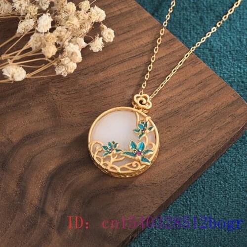 Jade Flower Pendant Amulet 925 Silver Zircon Natural Chinese Gemstone Gifts Necklace Crystal Charm Chalcedony Jewelry Women