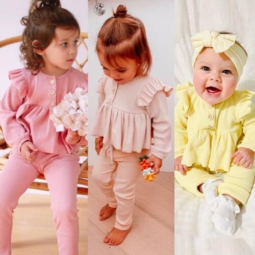 Baby Girls Long Sleeve Ruffle Button Top Elastic Leggings Autumn Spring Toddler Kids Solid Cotton Set 0-4Years