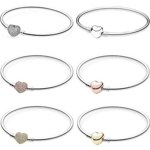Original Rose Gold & Sliver Moments Pave Heart Clasp Crystal Bracelet Bangle Fit Europe 925 Sterling Silver Charm DIY Jewelry