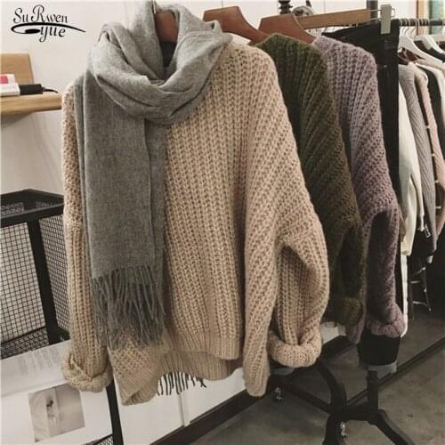 Autumn and Winter 2020 Vintage Long Sleeve Women Sweater Loose Plus Size Solid Pullover Women O-neck Knitted Sweater Women 11629
