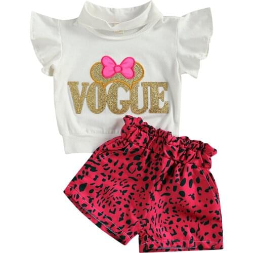 1-6T 2Pcs Infant Girls Outfit, Summer Fashionable Letter Embroidery Fly Sleeve Short Split Neck Shirt Top + Leopard Print Shorts