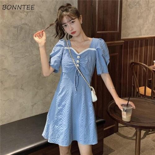 Dress Women Sweet Solid Colors Ulzzang Empire Cute Girls Shirring Square Collar Elegant Puff Sleeve Mini Female Clothing Retro