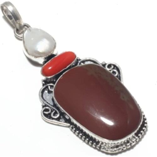 Genuine Jasper + Coral + Biwa Pearl Pendant Hand made Women Lady Fine Jewelry gift, 70 mm, P9666