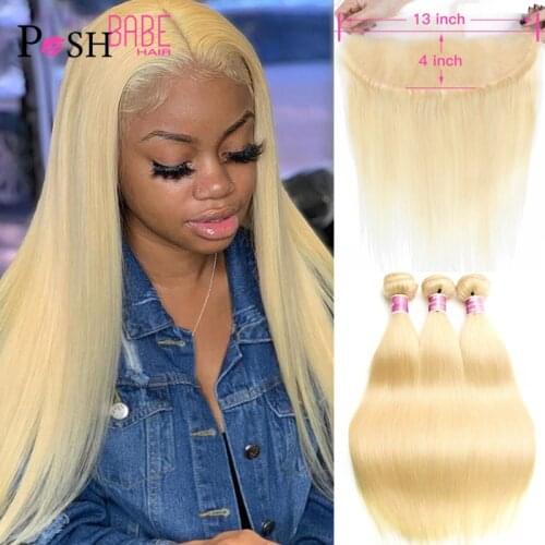 POSH BABE 613 Bundles with Frontal Closure Free Middle Part Bleached Knots Malaysian Remy Honey Blonde 3 4 Bundles Straight Hair