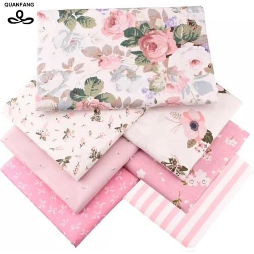 QUANFANG 7pcs/lot Pink flower Textiles Printed Twill Cotton Fabric For Patchwork DIY Sewing Quilting Material Baby Doll Cloths