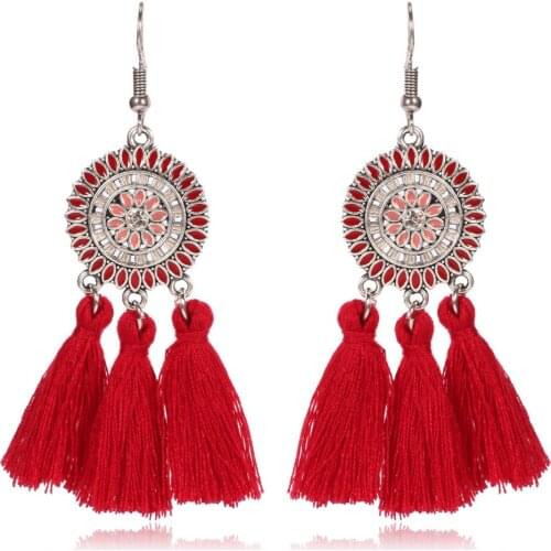 Retro Brincos Women Round Carved Flower Boho Drop Dangle Fringe Earring Vintage Ethnic Statement Tassel Earrings Jewelry