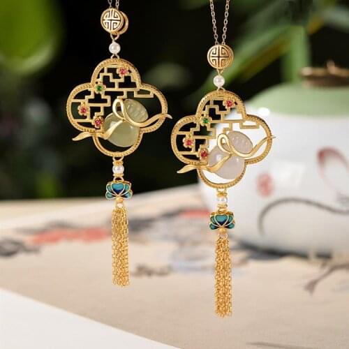 Hetian Jade Gourd Chinese Style Tassel Pendant Silver Plated Cloisonne Gray Jade Smokey Violet Jade Screen Pendant