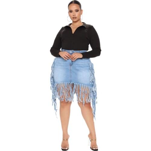 Sexy Cotton Tassels Jeans Skirt Women Summer Denim Elastic Plus Size High Waist Denim Skirts Womens Knee Length 2021 Streetwear
