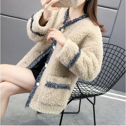 2021 Woman Sweet Faux lamb Fur Coats Warm Causal Long Sleeve Female Coats Overcoats Ladies Lamb Faux Fur Coats Khaki