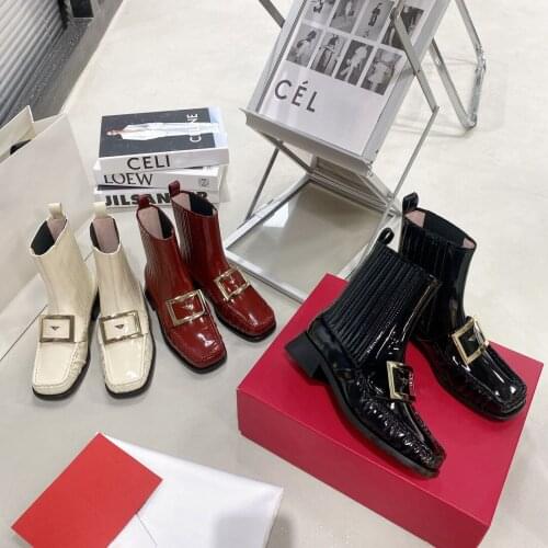 Square Toe Women Boots Patent Leather Chelsea Ankle Boots 2021 New Fall Winter Women Shoes Metal Decor Boots For Women Mid Heels