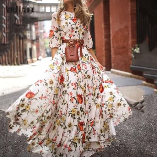 Vintage Women Floral Printing O-Neck Sweet Long Party Dress Summer Three Quarter Sleeve Ladies Dress Fashion Elegant Streetwear