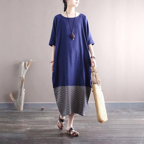 Women Summer Half Sleeve Patchwork Cotton Linen Dress Ladies Vintage Washed Spliced Dresses Female 2021 Vintage Dress