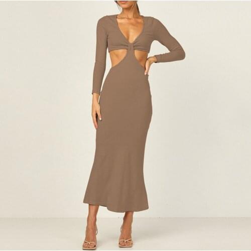 Long Sleeve Hollow Out V Neck Sexy Bodycon Bandage Women Dress 2021 Summer Fashion Female Party Solid Maxi Dresses