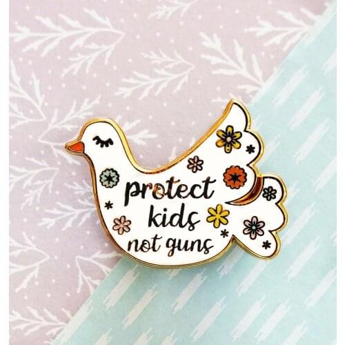 Protect Kids Not Guns Hard Enamel Pin Kawaii White Dove Cartoon Animals Metal Brooch Pretty Floral Peace Dove Badge Jewelry