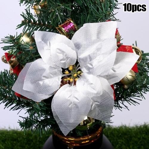 10pcs 2021 Glitter Artificial Flowers Merry Christmas Tree Decorations For Home New Year Wedding Party Decor Poinsettia Flower