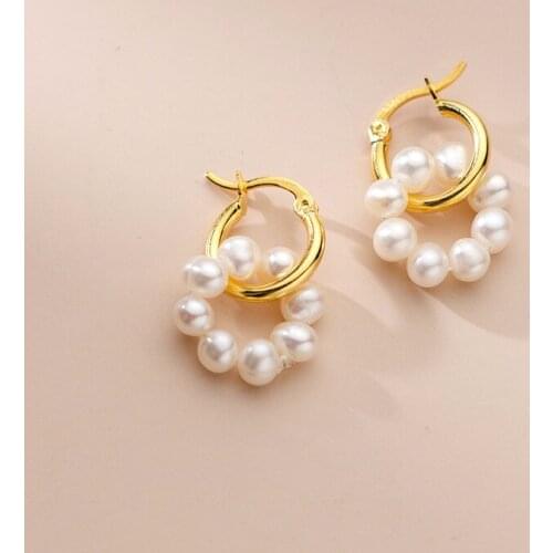 18K Gold Real. 925 Sterling Silver Fine jewelry baroque Pearl Circle ear hoop huggie earrings Tassel Piercing C-G9716