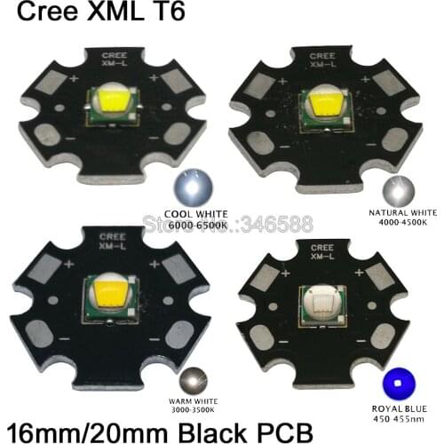 1x Cree XLamp XML XM-L T6 Cool White Neutral White Warm White 10W High Power LED Emitter Bead on 12mm 14mm 16mm 20mm Black PCB