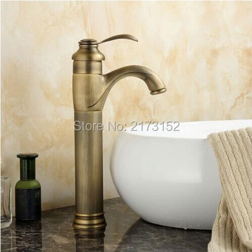 Free Shipping Tall Antique Brass Bathroom Faucet Single Hole Single Handle Brass Basin Sink Mixer Tap A-018