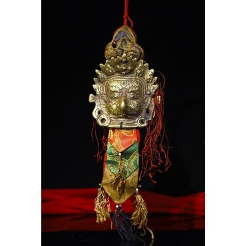 Home Decor 10" Tibet Buddhism bronze silk With prayer flags Dapeng Goldwing Bird Head Mask Exorcism amulet Pendant