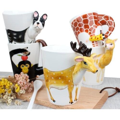 HOMIE 3D Creative 400ml Mug Animal Shape Hand Drawn Deer Giraffe Cattle Monkey Dog Waiting Horse Cup Gift Ceramic Coffee Women