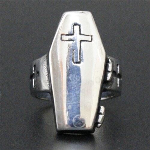 Newest Style Polishing Coffin Jesus Cross Ring Cool Mens Ring Top Quality 316L Stainless Steel Coffin Skull Ring