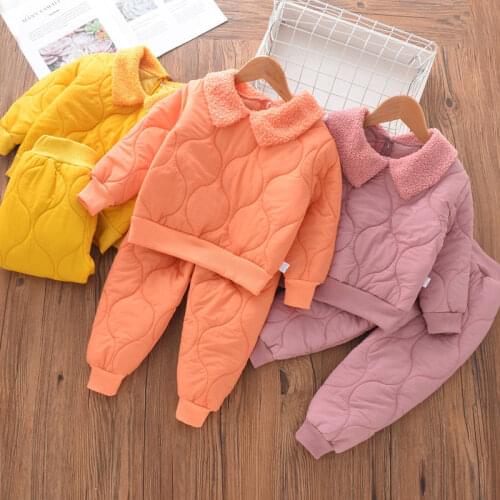 Baby Boys Girls Outfit Home Suit Cotton Padded Children Clothes Set Winter Warm Toddler Kids Solid Casual Top Pants 2Pcs Set