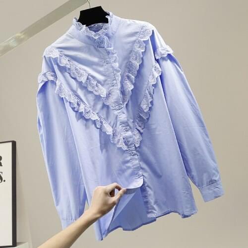 Lace Patchwork Stand-up Collar Loose Long-Sleeved Shirt for Women 2021 Spring New Large Size Blue Blouse Lady White Top Blusa