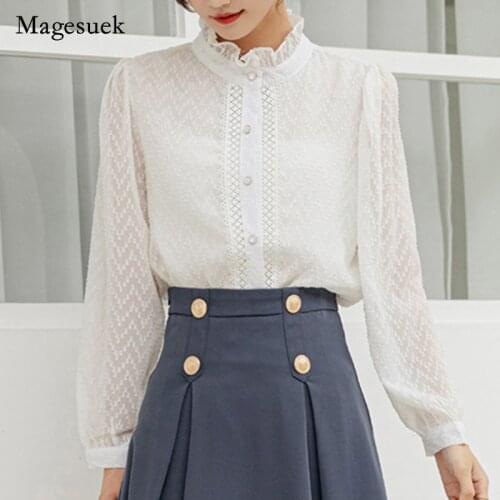 Lace Casual Fashion Blouse Woman Tops Stand-up Collar Lace Bottoming Shirts Autumn Long-sleeved Solid Hollow Women Blouses16336