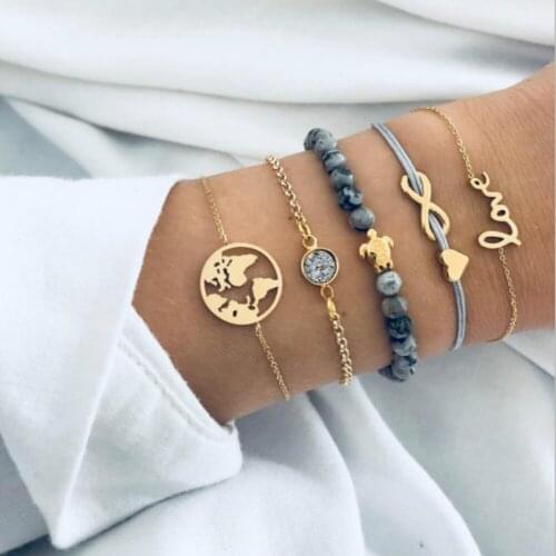 Gold color Women Fashion Punk Bracelet Simple Trendy turtle map Metal Chain Bracelets Bohemian Retro Jewelry Accessories Bangles