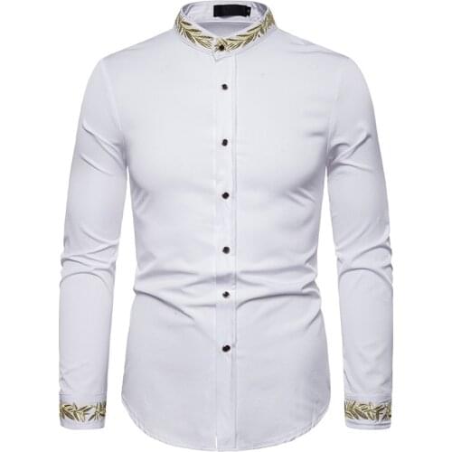 Mens Hipster Embroidery White Shirts Slim Fit Mandarin Collar Men Dress Shirt Wedding Business Casual Camisa Social Masculina