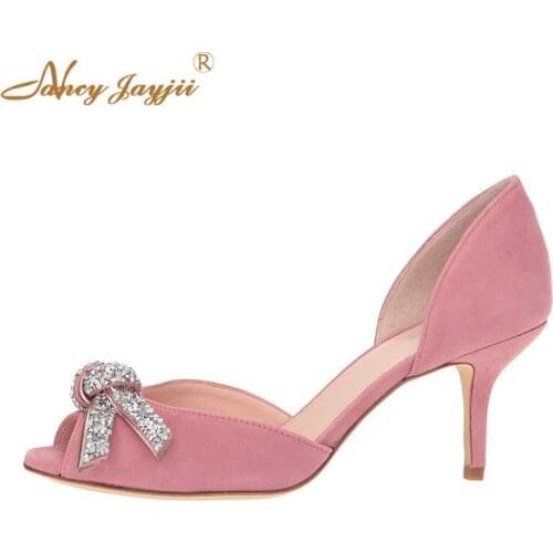 Nancyjayjii Pink Black Mid High Heels Rhinstone Butterfly Knot D'Orsay Open Peep Toe Slip On Spring Dress Women Shoes 2019