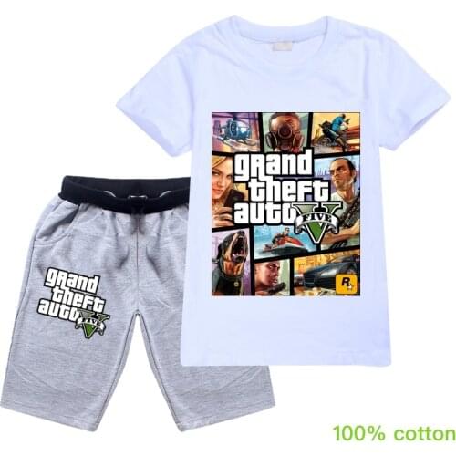 2-16Y 2021 Summer Grand Theft Auto Game GTA 5 T-shirt Shorts Set Boys Sports Suit Kids Casual Running Clothing Sets Girls Outfit