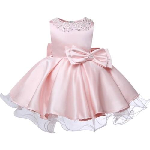 Pink Lace Beads Baby Flower Christening Gowns Baptism Clothes Newborn Kids Girls Birthday Princess Infant Party Dresses Costume