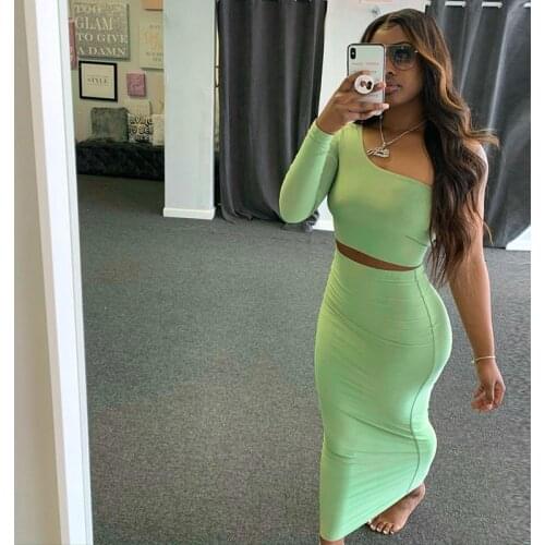 WJFZQM Summer Sexy One Shoulder Long Sleeve Crop Tops+High Waist Maxi Long Skirt Women Two Piece Outfits Sexy 2 Piece Skirt Set