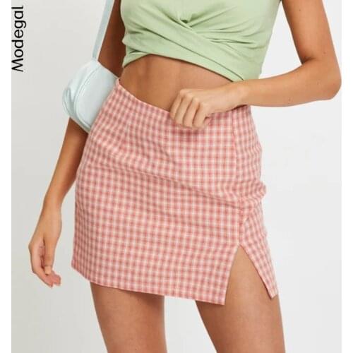 Modegal Womens Vintage Plaid High Waisted Mini Skirts A Line Side Split Above Knee Casual Streetwear Short Skirt