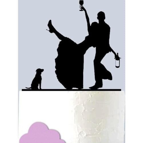 Funny wedding cake topper, Color Acrylic Drunk Couple with Dog Silhouette Cake Topper,Bride and Groom Wedding cake topper