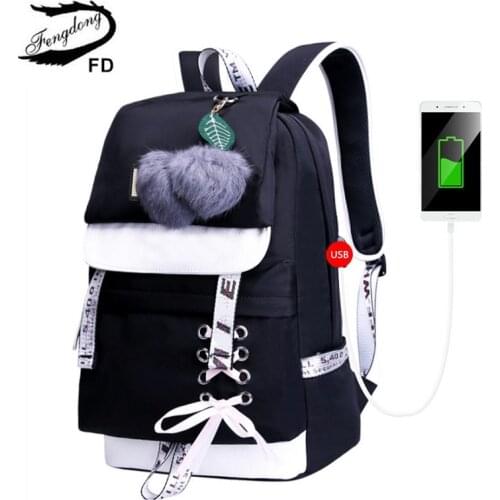 Fengdong fashion black pink waterproof nylon school backpack for girls korean style backpack cute bowknot children school bags