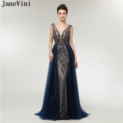 JaneVini Luxury Beading Crystal Long Bridesmaid Dresses Sexy Deep V Neck Backless Sweep Train Illusion Tulle Mermaid Prom Gowns
