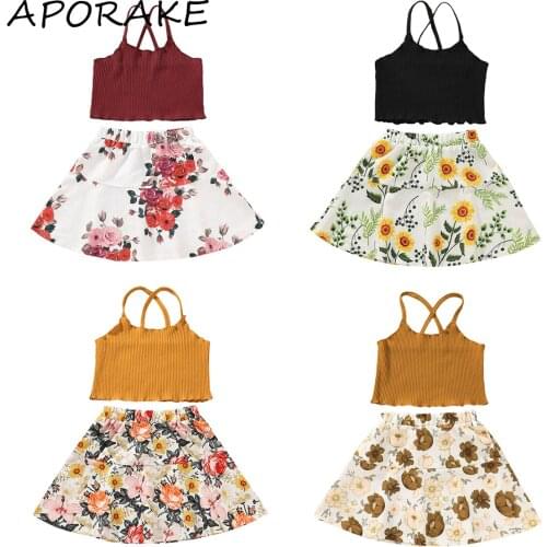 2021 0-6Y Holiday Toddler Baby Girl Clothing Soild Color Knitted Crop Top Vest+Floral Print A-line Skirt Summer Outfits 2pcs Set
