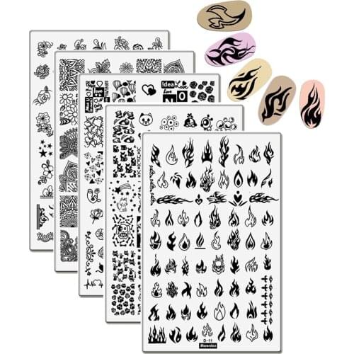 5Pcs Rectangle Nail Stamping Plates Dancer Flame Fire Theme 14.5*9.5cm Fox Panda Cat Pattern Nail Art Image Stencil Plate Tools