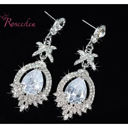 Flroal leaves shiny zircon bridal wedding earrings zircon Crystal Waterdrop Earring Women Noble Wedding Party Jewelry RE459