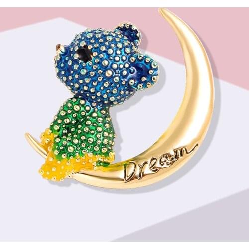 The bear brooch on the moon with diamonds Cute Animal Pins and Brooches for Women Dress Coat Badges Jewelry Hot