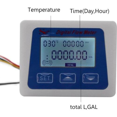 LCD Digital Flow Meter Water Flowmeter Temperature Time Record with G1/2 Flow Sensor