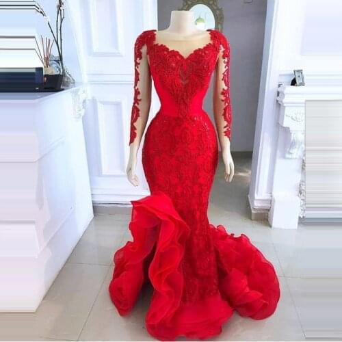 2020 Elegant Red Evening Dresses Long Mermaid Full Sleeve Ruffles Prom Fashion Lace Applique Part Dress Gowns Plus Size