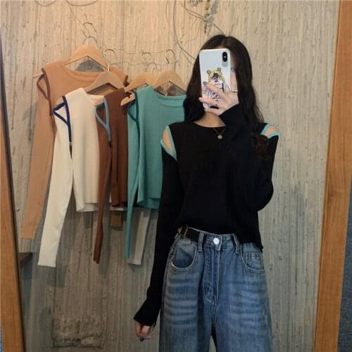 Chic Elegant Hollow Out Long Sleeve Sweaters O-neck Contrast Color Knitted Pullovers 2021 Fall All-match Slim Ribbed Knit Tops