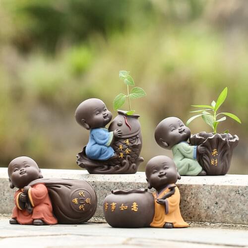 Hydroponic Plant Ceramic Tea Pet Ornaments Small Buddha Statue Monk Figurine Desktop Flower Pot Decoration Tea Accessories