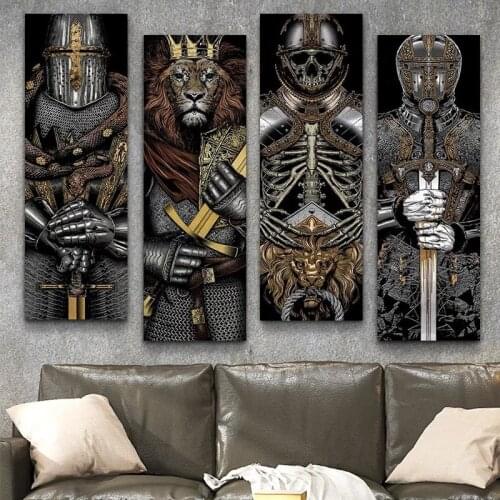 Modern Abstract Lion and Skeleton Four Dark Knight Art Posters and Prints Canvas Paintings Wall Art Pictures Living Room Decor