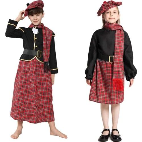 Retro Plaid boys girls Scotland Costume Scottish kilt Skirt full suit national dress halloween party cosplay costume clothes