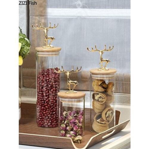 European Simply Tea Caddies Golden Deer Decorative Glass Spices Pot Storage Candy Jar with Wood Cover Tea Caddy Grains Cans